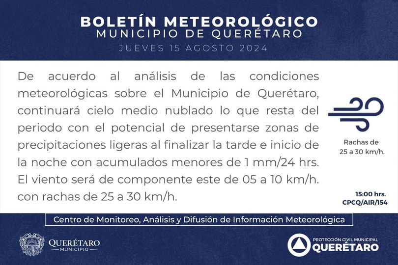 Lee más sobre el artículo En el municipio de Querétaro, continuará el cielo medio nublado️ durante lo que resta de la tarde, con probabilidad de precipitaciones ligeras.