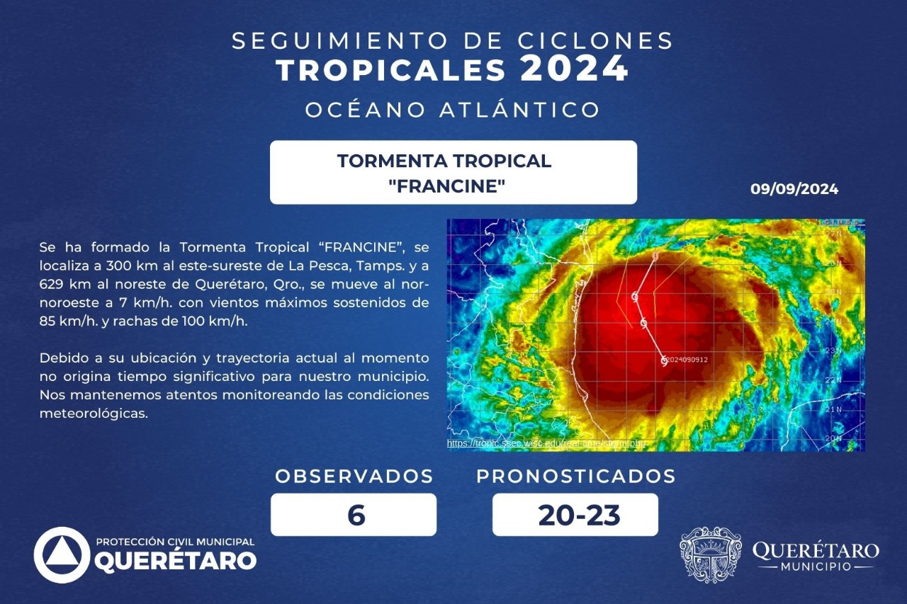 Lee más sobre el artículo Se forma tormenta tropical  “FRANCINE”; actualmente se encuentra a 629km al noroeste de Querétaro