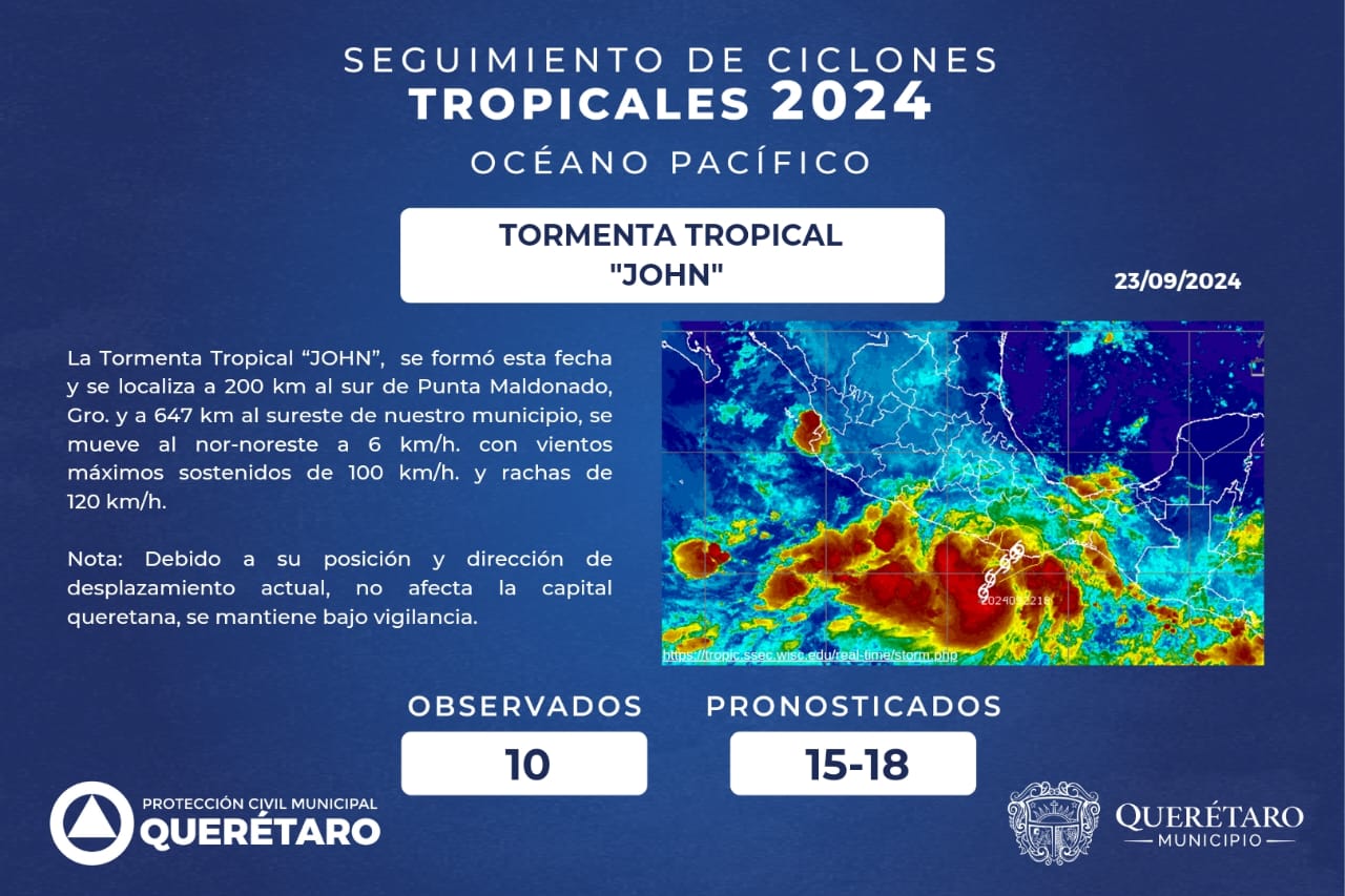 Lee más sobre el artículo Tormenta Tropical “JOHN”, no afectará la capital queretana: Protección Civil municipal
