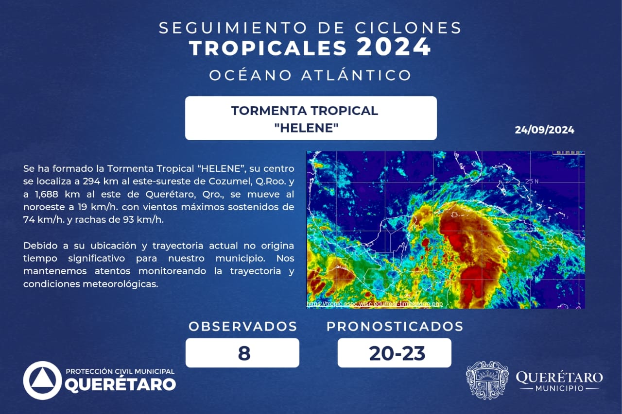 Lee más sobre el artículo Se ha formado la Tormenta Tropical “HELENE” a 1,688km al este de Querétaro. ???? Afortunadamente, debido a su ubicación y trayectoria, no se espera que cause efectos significativos en nuestro municipio.