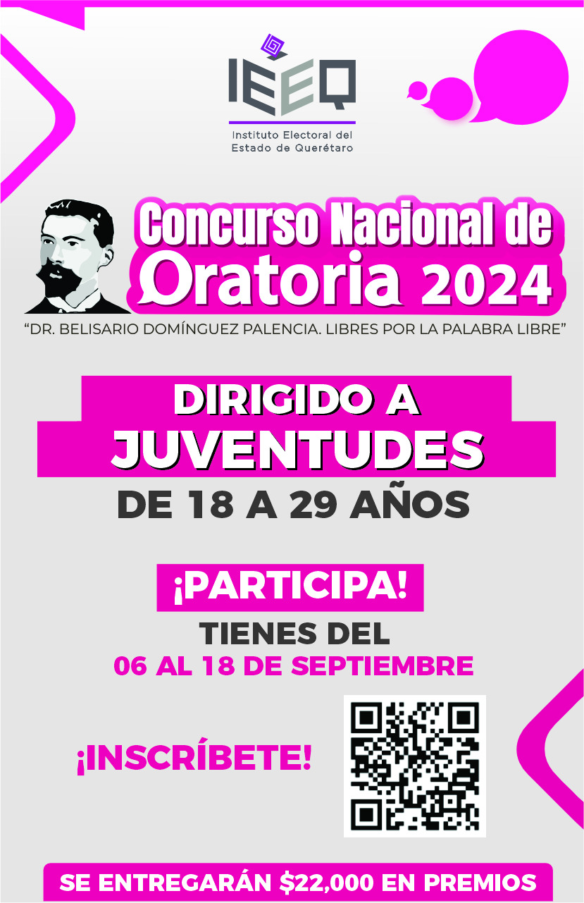 Lee más sobre el artículo IEEQ, dará a conocer el día de mañana, martes 10 de septiembre, la Convocatoria del Concurso Nacional de Oratoria 2024 “Dr. Belisario Domínguez Palencia. Libres por la patria libre”, en su etapa estatal